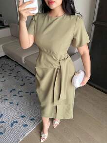 Dazy Plus Plus Size Women Elegant Tie-Waist Long Solid Color Round Neck Short Sleeve Casual Dress, Spring/Summer Sundress - Olive Green - View 7