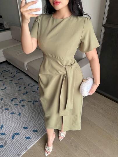 Dazy Plus Plus Size Women Elegant Tie-Waist Long Solid Color Round Neck Short Sleeve Casual Dress, Spring/Summer