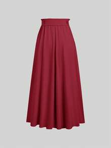 Sweetra 女士纯色荷叶边腰部打结长款休闲裙 - 酒紅色 - 查看 2
