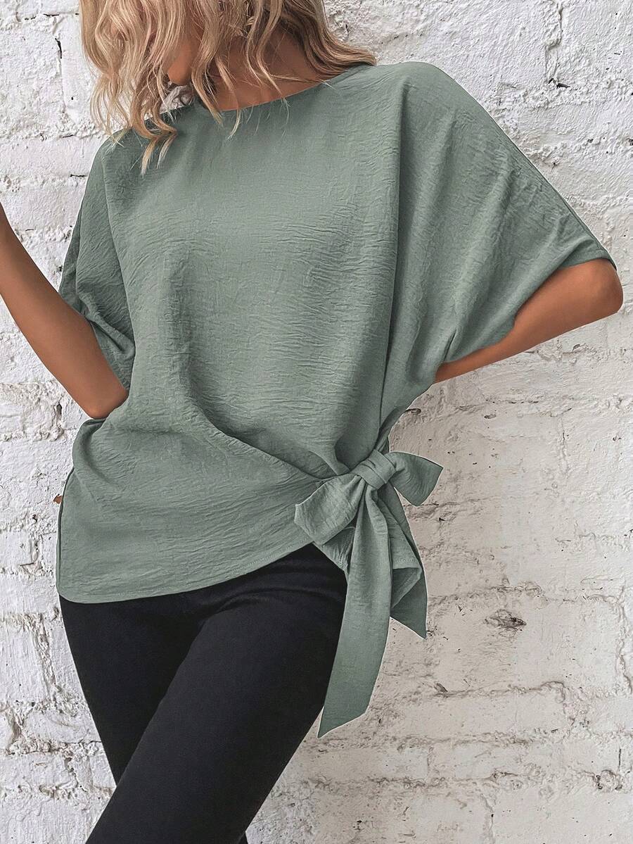 Flexra Solid Color Round Neck Batwing Sleeve Loose Casual Fashion Shirt Brunch Sage Green Summer Office - Green - View 1