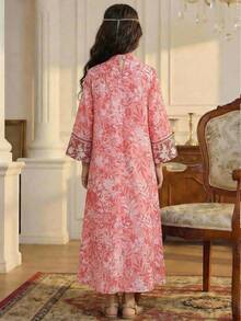SHEIN Bata larga suelta de línea A con estampado azul-verde, manga 3/4 y abertura lateral para niña preadolescente - Rosa - Ver 4