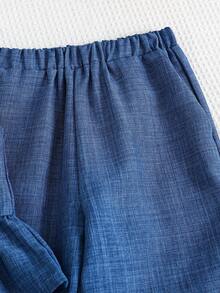 SHEIN 两件套女童格子圆领修身休闲上衣和宽松休闲裤 - 藍色 - 查看 4