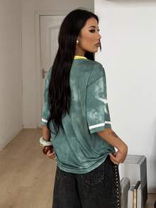 Coolane 女士春夏街头风锐舞派对日外出休闲运动扎染图案透气网眼宽松V领针织T恤，适合巴西圣帕特里克节 - 軍綠色 - 查看 6