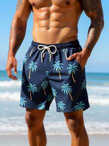 Manfinity Swimmode Men's Palm Tree Pattern Casual Elastic Waist Drawstring Beach Shorts - Navy Blue - View 7