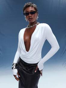 Normani Spring Summer Concert For Women Going Out Casual 2000s Y2k 90S Club Vintage Rave Festival Old Money Streetwear Carnival Valentine For Women Carnival Costume Carnival Costume Valentines Vacation Women Elegant Beach Women's Solid Color Deep V Neck Ruched Long Sleeve Sexy Fashionable Top - White - View 1