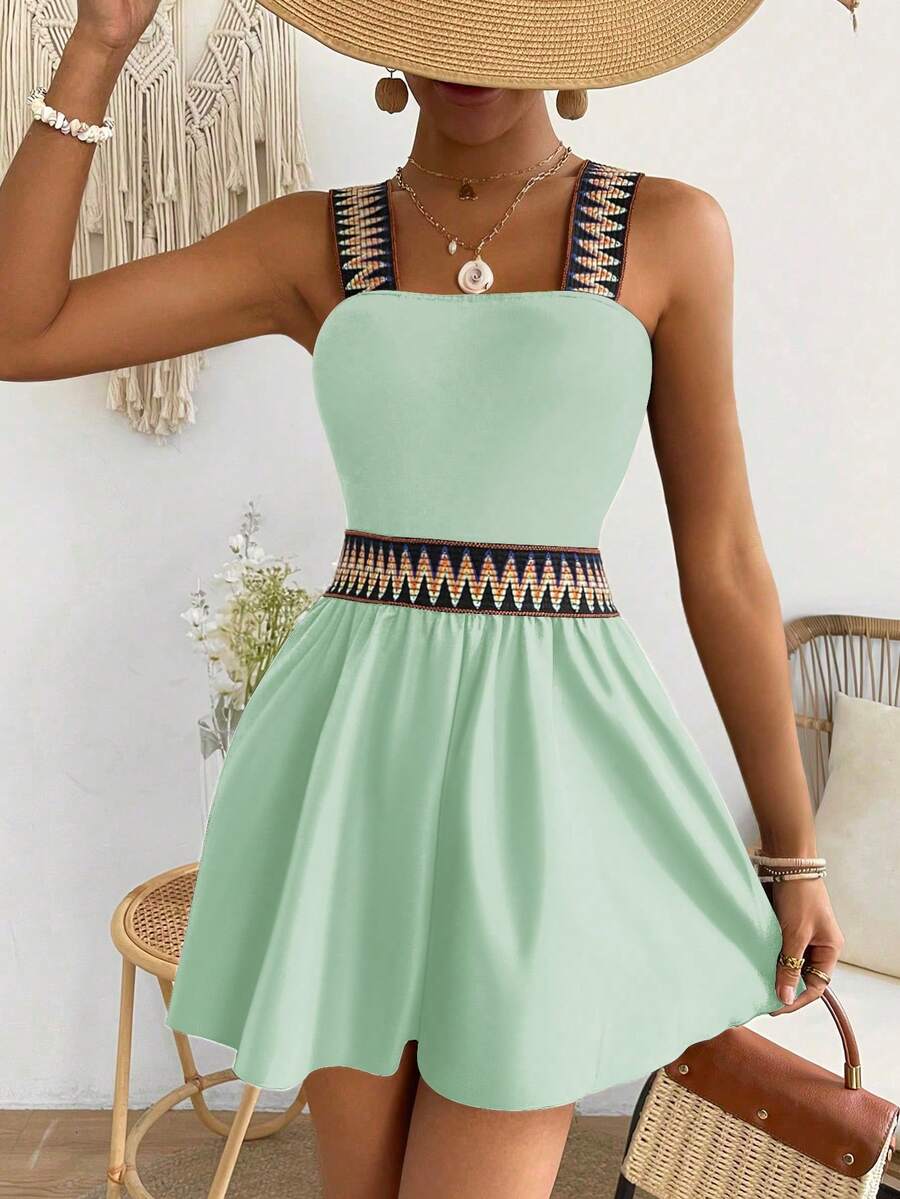 Breezaya 女士夏季度假休闲编织吊带拼接连体裤 - 薄荷綠 - 查看 1