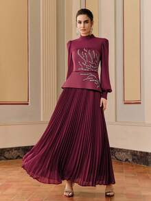 Anewsta Women's Elegant Rose Red 2 In 1 Rhinestone Pleated Long Dress,Autumn Fashionable Round Neck Sequin Party Dress For Dining,Wedding,New Year & Valentine - Red Violet - View 4