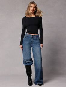 Hauture Women's Solid Color Backless Sexy Long Sleeve T-Shirt - Black - View 4