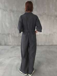 FRIFUL Women's Casual Everyday Commute Lapel Collar Slant Pocket Loose Wide Leg Denim Jumpsuit - Grey - View 2