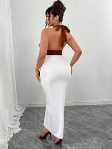 Elenzga Plus Size Dress,White,Summer,Girlism,Bachelorette Party,Night,Ruched Mermaid Hem Spaghetti Strap Twist Front Deep V European Style Color Blocking - Multicolor - View 2