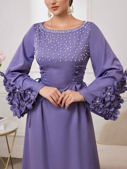 Al Najma Women's Solid Color Elegant Rhinestone Floral Sleeve Tie Waist Midi Dress