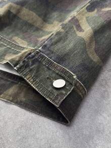 ROMWE MEN Street Life Men's Sleeveless Denim Top With Round Bead Camouflage Decor - Army Green - View 5