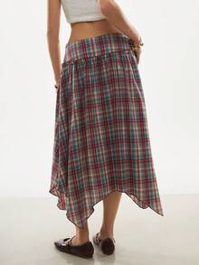 Poéselle Women's Asymmetrical Hem Plaid A-Line Cotton Skirt, Collegiate Style From Spring To Summer Outfits    Summer Holiday Outfits   Asymmetric Hem Midi Skirt - Multicolor - View 3