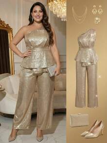 Ellevyn Bộ 2 món cỡ lớn cho nữ: Áo crop top không tay trang trí lá vàng thanh lịch và quần ống rộng, Ngày của Mẹ, Trang phục tốt nghiệp, Màu vàng bơ, Khách dự tiệc cưới - Vàng - Xem 7