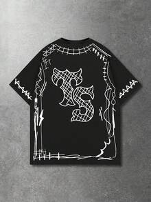 ROMWE MEN Casual Versatile Dark Graffiti Style Short Sleeve T-Shirt - Black - View 4