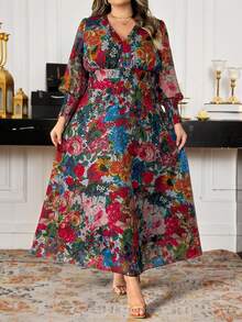 SHEIN CURVE+ New Luxury Elegant High-End Long Wrap Dress, Wide Hem, V-Neck, Long Sleeve - Multicolor - View 4