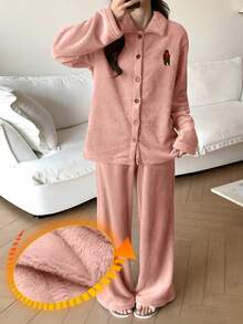DAZY 2 Stücke/Set Plüschbär Muster bestickte Dekoration Damen Pyjama Set, Winter - Pink - Übersicht 3