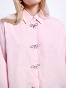 Maija Women's Romantic Elegant Bow Tie Rhinestone Decor Pink Button Up Shirt,Graduation, Holidays - Pink - View 10