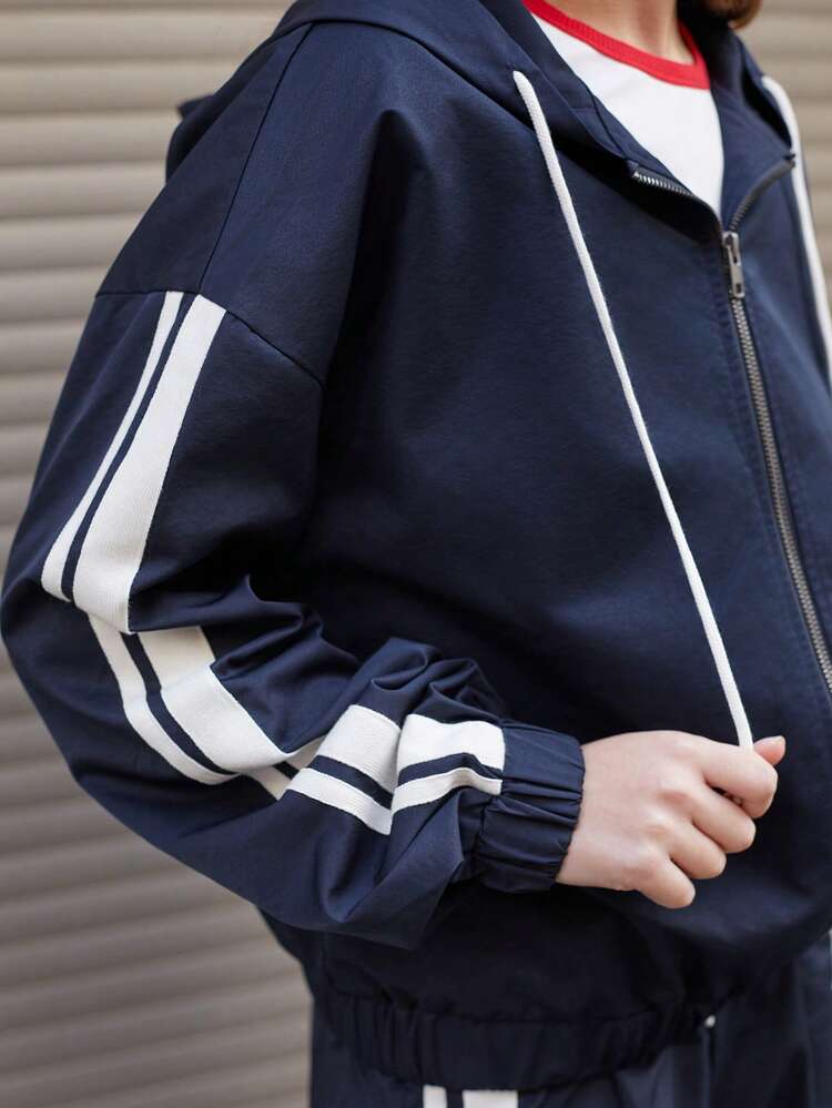 SHEIN Maija Women Navy Blue & White Striped Drop Shoulder Side Seam Front Zipper Decor Casual Jacket, Versatile All-Season Hooded Sweatshirt Hippie