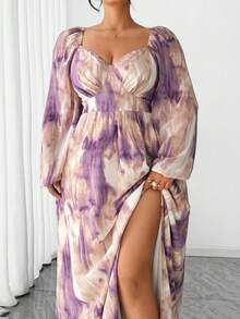 SHEIN Elenzya 大码女式优雅复古水墨扎染印花雪纺双层胸罩杯长袖连衣裙 - 紫色 - 查看 2