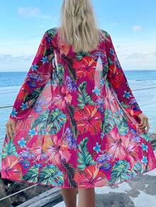 Swim Lushoire 熱帶印花增壓比基尼套裝搭配和服，夏季沙灘 - 玫紅色 - 查看 2