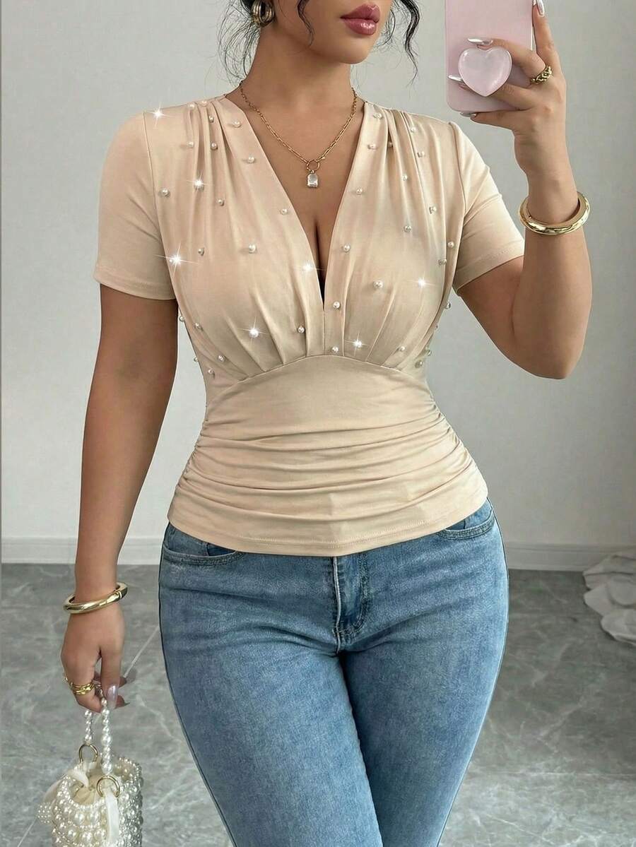 Elenzga Plus Size Women's Elegant & Chic Party Sexy Short Sleeve V-Neck Pearl Decor Waist Fitted Stretchy Knit Top, Spring/Summer - Apricot - View 1