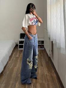 StreetHx Women's Casual Fashion Street Low Waist Distressed Loose Wide Leg Jeans - Blue - View 3