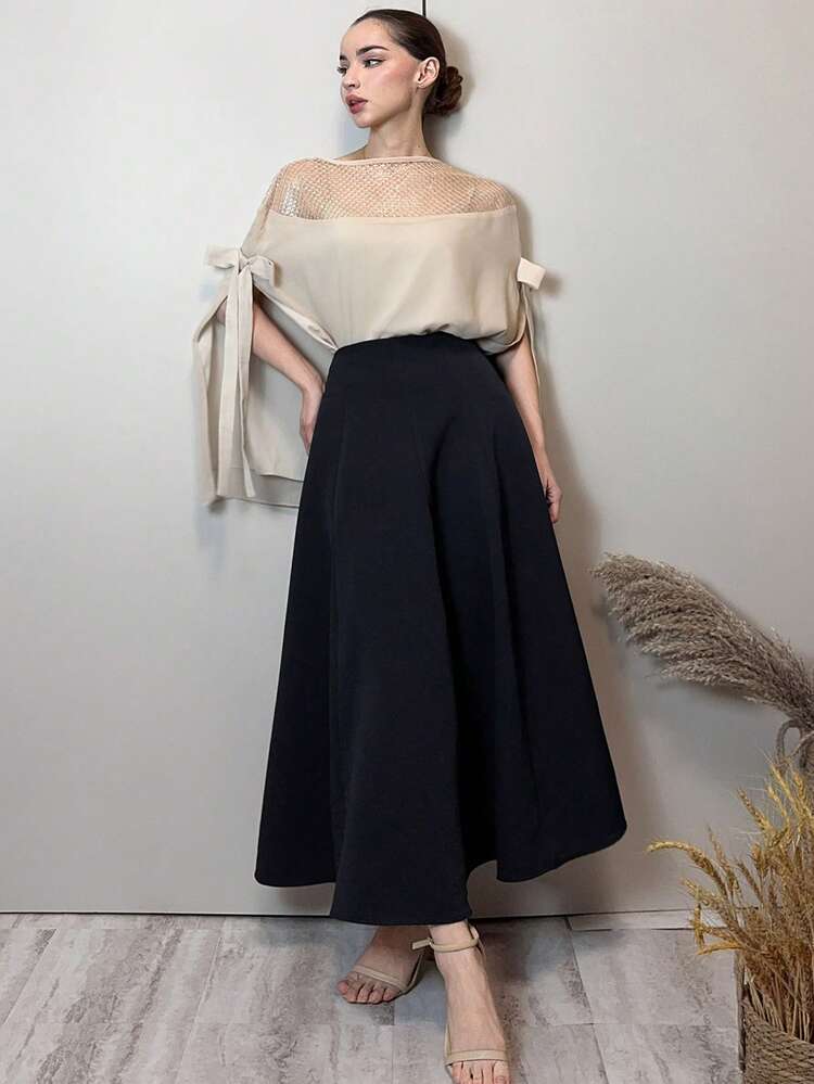 Women's Sequin Patchwork Hollow Out Cover Up With Bow Decor, Elegant Party Top For Spring/Autumn