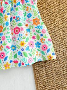 SHEIN Playful Pals 女婴可爱碎花荷叶袖休闲连衣裙，适合居家、户外、度假、聚会和日常穿着 - 彩色 - 查看 8