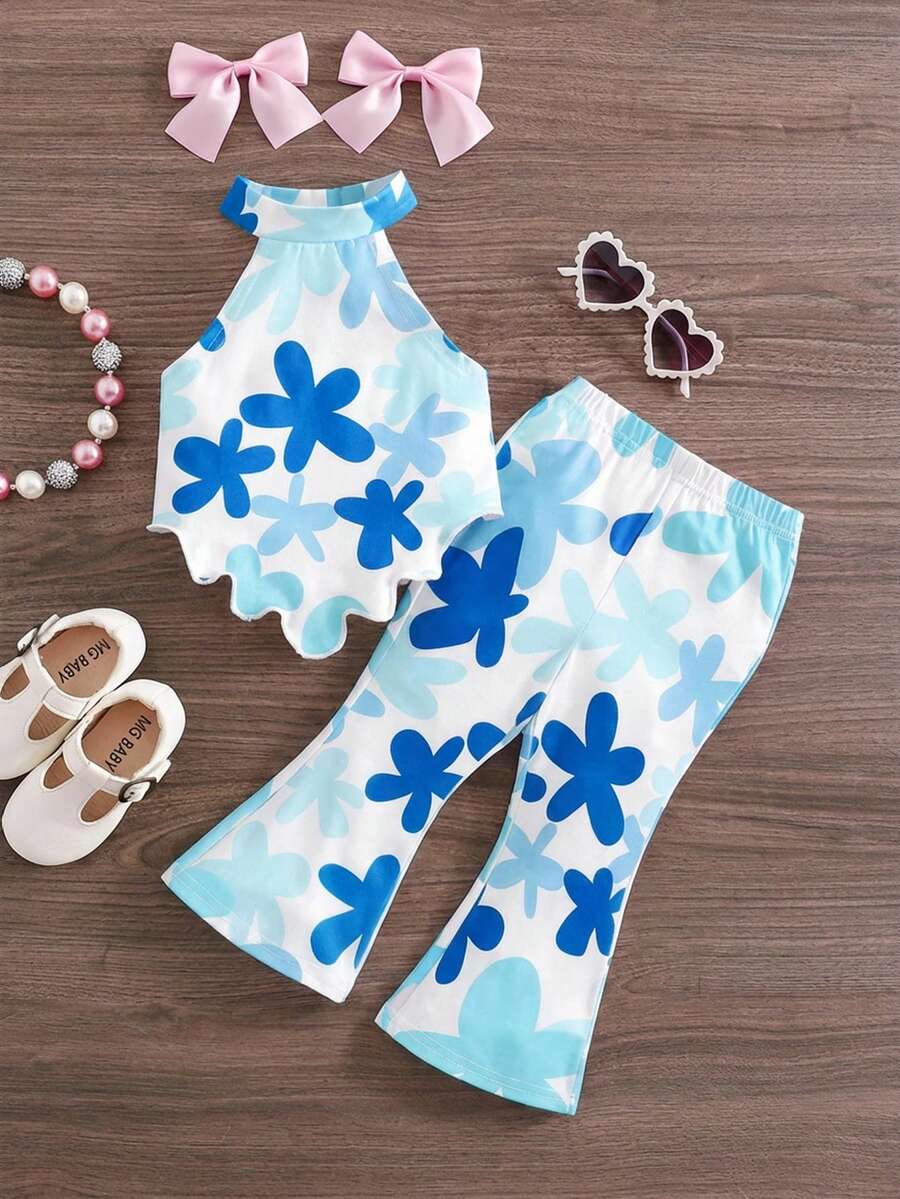 SHEIN Babygirl 2pcs Set, Fashionable Heart Knitted Halter Top And Flare Pants - Multicolor - View 1