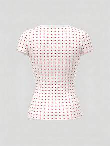 Rina Fox Áo thun nữ tay ngắn cổ chữ V in hình trái tim viền ren, kiểu dáng ôm sát, phong cách Y2K, phối ren hoa, eo nhún bèo, dễ thương, thích hợp cho đi chơi, đi học và mặc hàng ngày. - Đỏ và trắng - Xem 4