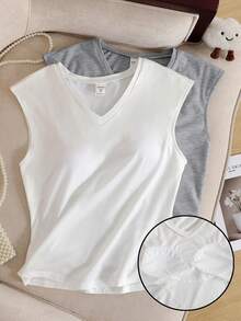 SHEIN 2pcs/Set Teen Girls V-Neck Sleeveless T-Shirts With Built-In Pads, Casual Versatile Daily Wear, White & Gray - Multicolor - View 7