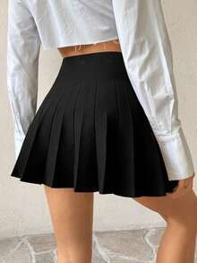 SHEIN Tall Women's Solid Color Pleated Sweater Skirt In Fall/Winter, Tall Women - Black - View 2