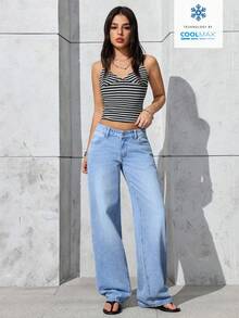 SHEIN PETITE 女士口袋纽扣休闲百搭通勤宽松牛仔阔腿裤 - 淺色水洗藍 - 查看 6