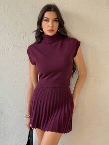 SHEIN Tall Autumn/Winter New High Collar Knit Top + Knitted Blend Midi Skirt 2 Pieces Set For Women Christmas Red Burgundy - Red - View 5