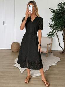 EMERY ROSE Women's Regular V-Neck White Lace Half Sleeve Long Dress ,Summer Dress,Spring Dresses For Women - Black - View 4