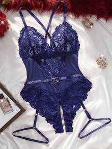 2pcs Lace Sexy Bodysuits (Wireless/Garter Belt) For Women - Royal Blue - View 3