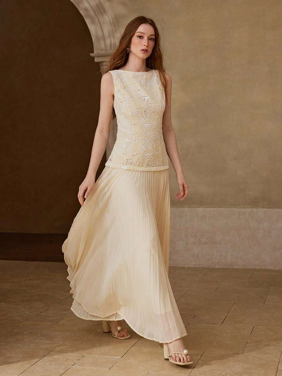 MOTF PREMIUM WOMEN'S ELEGANT LONG PLEATED DRESS WITH TEXTURED FABRIC, SUITABLE FOR DATES, SPRING/SUMMER - Apricot - View 1