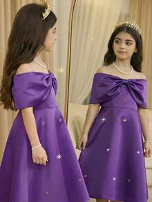 "One Piece Girls Aged 8- 12 Years Elegant Princess - Style Satin Fabric Chest Large Bowknot Rhinestone Embellished Off - Shoulder Sleeveless A - Line Midi Dress For Party, Wedding, Flower Girl, Ceremony, Pageant, Spring & Summer" - Purple - View 1