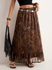 Freevana 波西米亚风高腰半身裙，双层复古腰果花佩斯利花纹松紧腰A字裙，复古优雅女装 - 棕色 - 查看 4