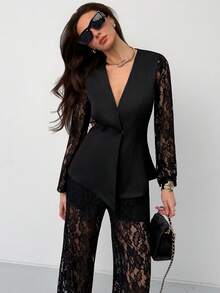 Aloruh Black Minimalist Commuting & Date Night Deep V Lace Waist Cinched Women's Suit Jacket + Wide Leg Lace Pants - Black - View 1