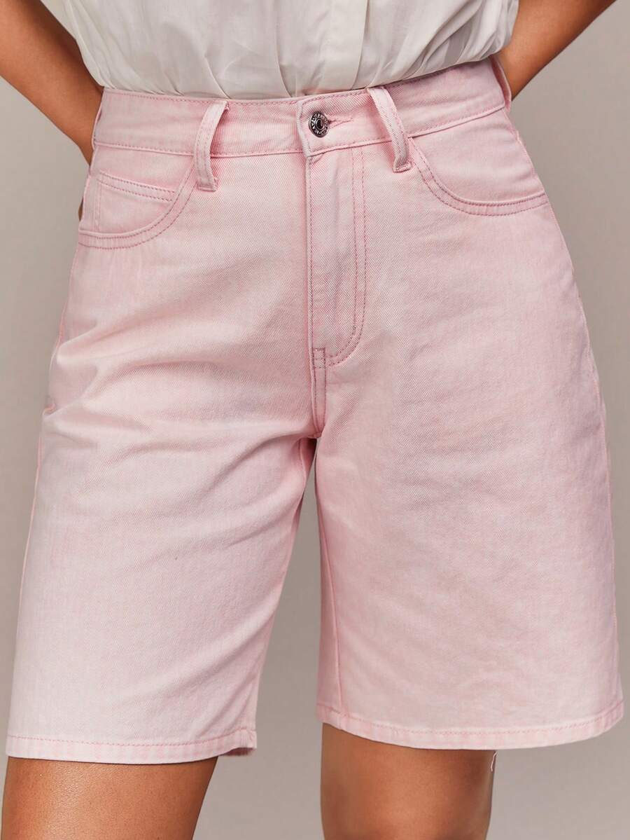 COSMINA Women's New High Waist Loose Straight Leg Denim Shorts - Pink - View 1