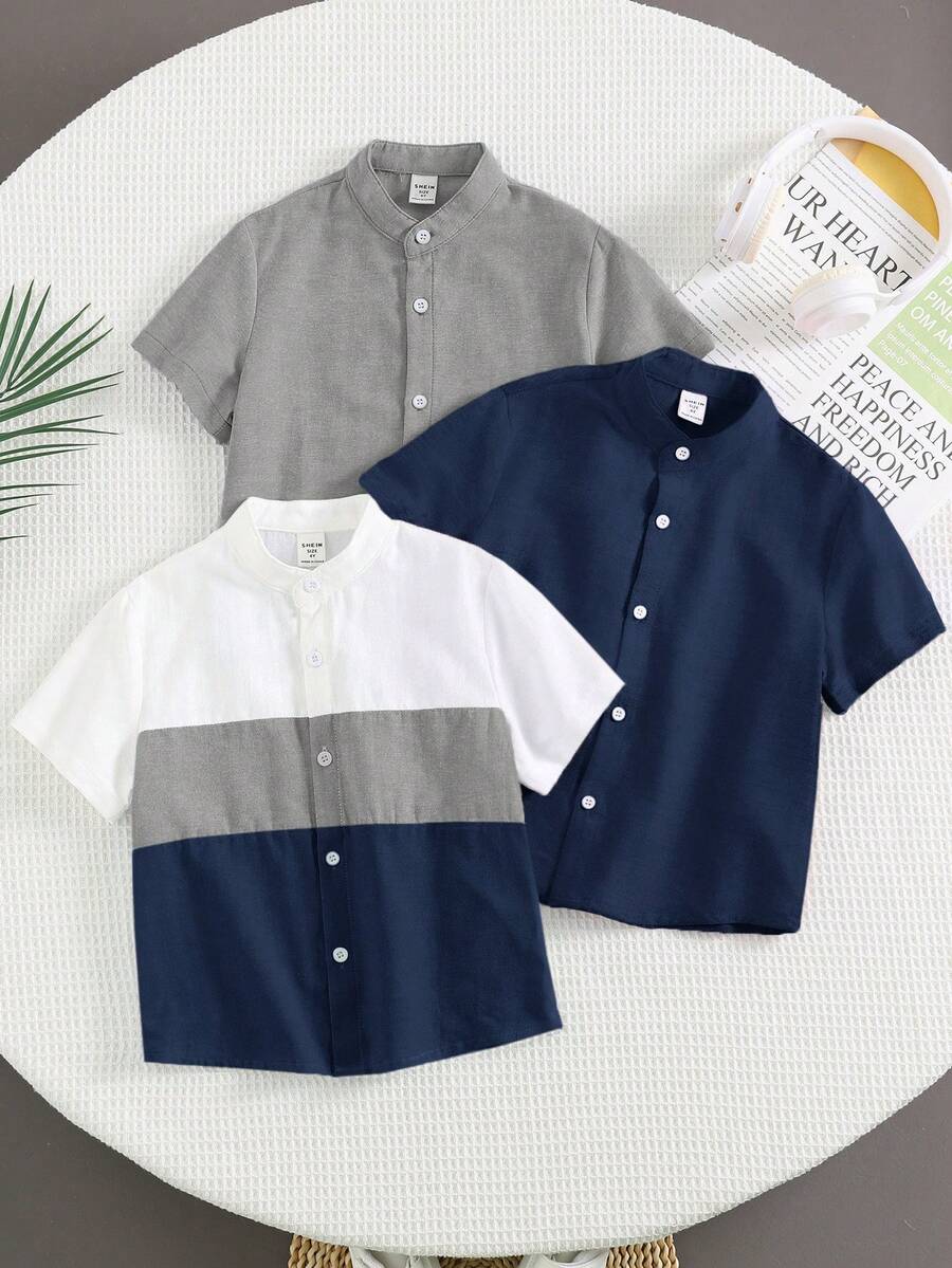SHEIN 买二送一,3件套男童休闲日常百搭撞色领短袖梭织衬衫,适合春夏日常穿着、运动、郊游、上学、聚会、节日、拍照、返校季等场合。 - 藏蓝色 - 查看 1