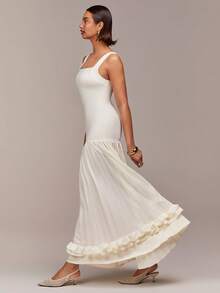 方领无袖设计，针织弹力面料拼接，褶裥设计，荷叶边装饰，超长女装，派对礼服，鸡尾酒会礼服，春节礼服，情人节礼服，约会礼服，杏色礼服，夏季女装，婚礼季礼服，婚礼宾客礼服，浪漫礼服 - 杏色 - 查看 3