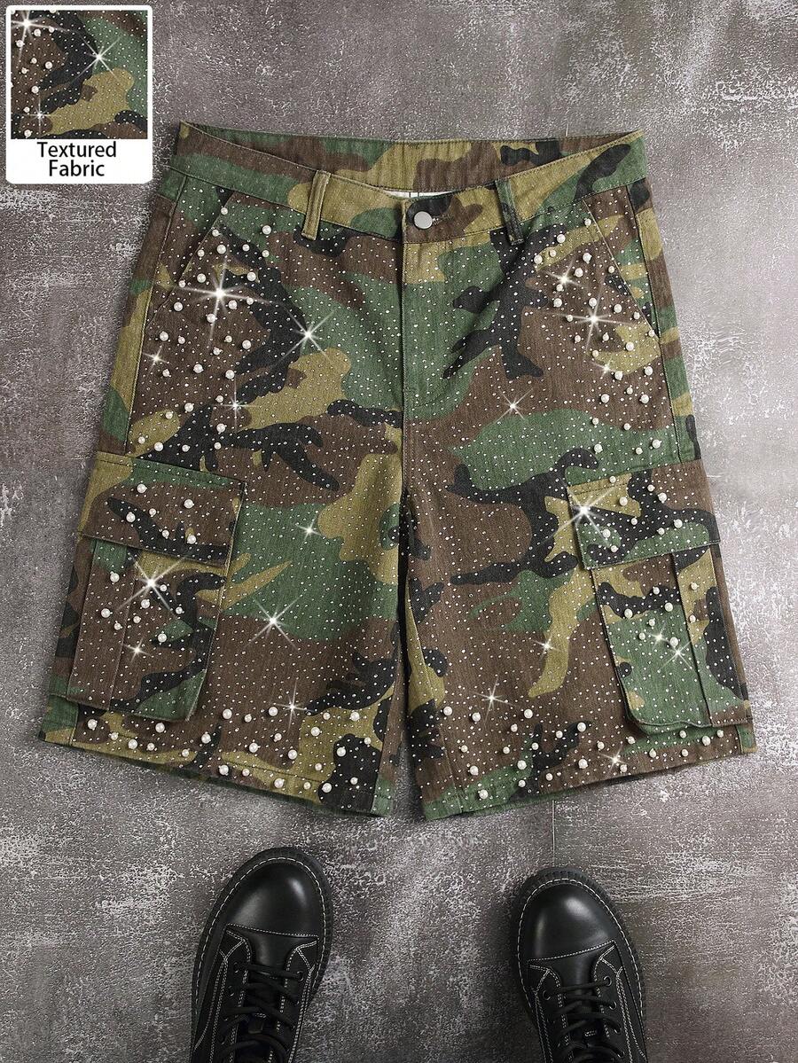Manfinity EMRG Men's Summer Casual Camouflage Print Studded Rhinestone Denim Shorts - Army Green - View 1