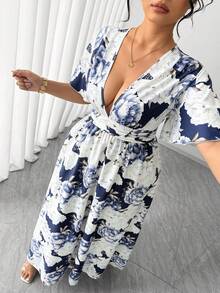 Elenzga Plus Size Women V-Neck Navy Blue & White Floral Print Ruffle Sleeve Summer Elegant Wedding Guest Casual Maxi Wrap Dress For Parties,Graduation,Dates - Navy Blue - View 6