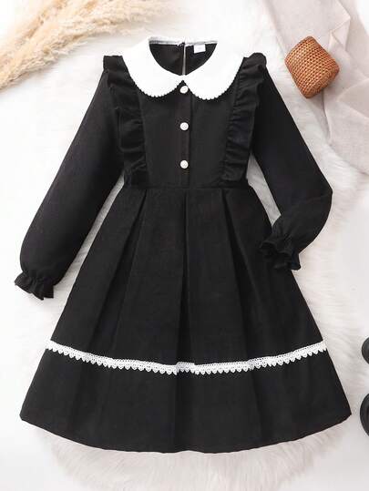 SHEIN Girls' Pearl Button Decor Long Sleeve Peter Pan Collar Midi Pleated Dress, Cute Sweet Academic Style, Fashionable, Autumn/Winter