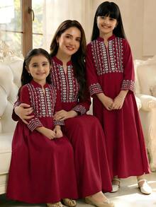 SHEIN Tween Girl Graphic Print Notched Neck Long Sleeve Casual Dress - Burgundy - View 4