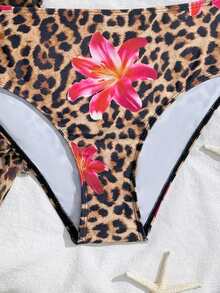 Tween Girl 3pcs Set Leopard & Floral Print Tankini Swimsuit - Brown - View 5