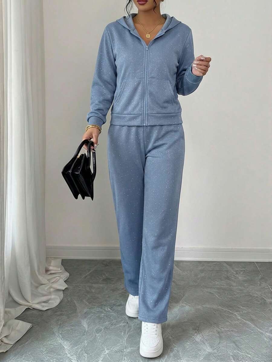 Conjunto de dos piezas para mujer: sudadera con capucha y cremallera + joggers con estampado galáctico, Conjuntos de dos piezas para mujer - Azul - Ver 1